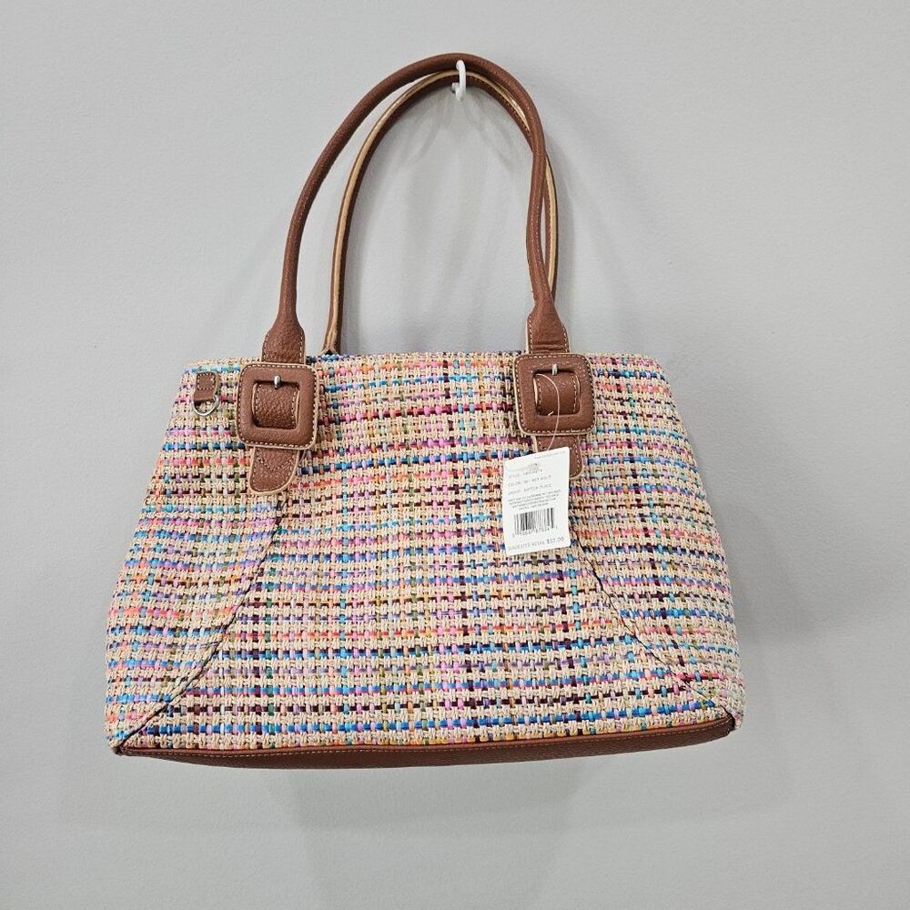 Liz Claiborne Rainbow Woven Straw Satchel Bag Multicolor Brown Trim Y2K